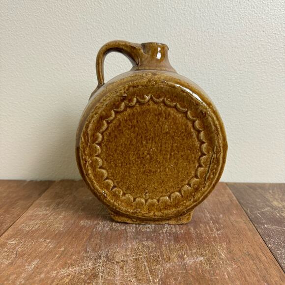 Antique‎ Stoneware Pottery Jug Round Shape Amber Color Crude Spout Handle - Picture 1 of 9